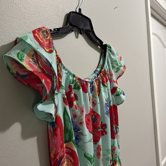 Everly Blue Floral Print Summer Dress Ruffle Sleeves - Picture 3 of 6